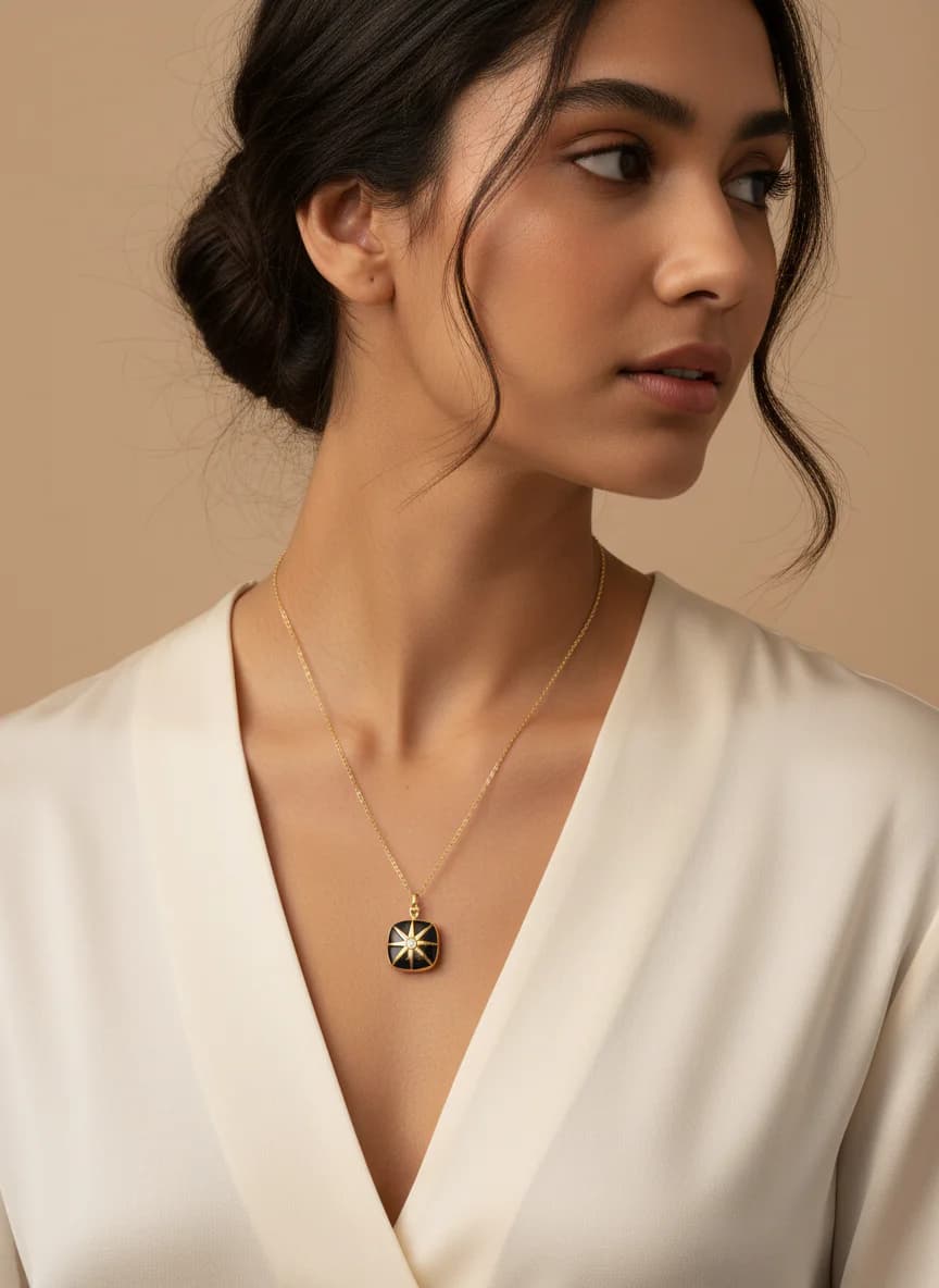 Altın Kaplama Siyah Emaye Yıldız Taşlı Kolye