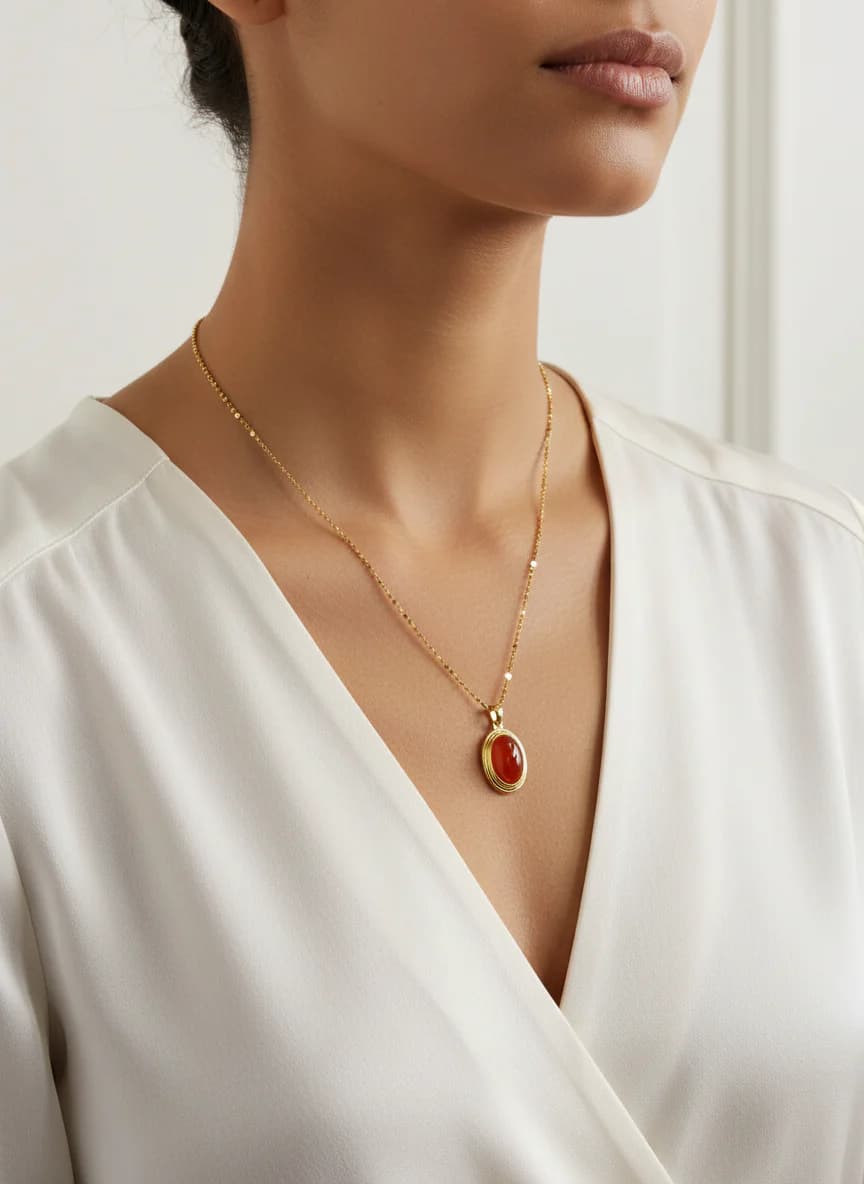 Altın Rengi Zincir Kırmızı Akik Taşlı Oval Kolye