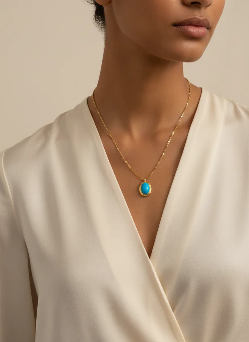 Altın Renkli Disk Zincir Mavi Oval Taşlı Kolye