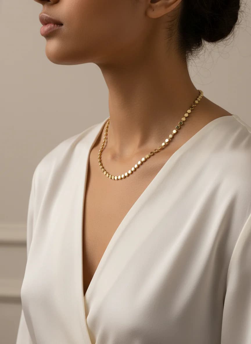 Altın Renk Pul Detaylı Uzun Zincir Kolye Kadın