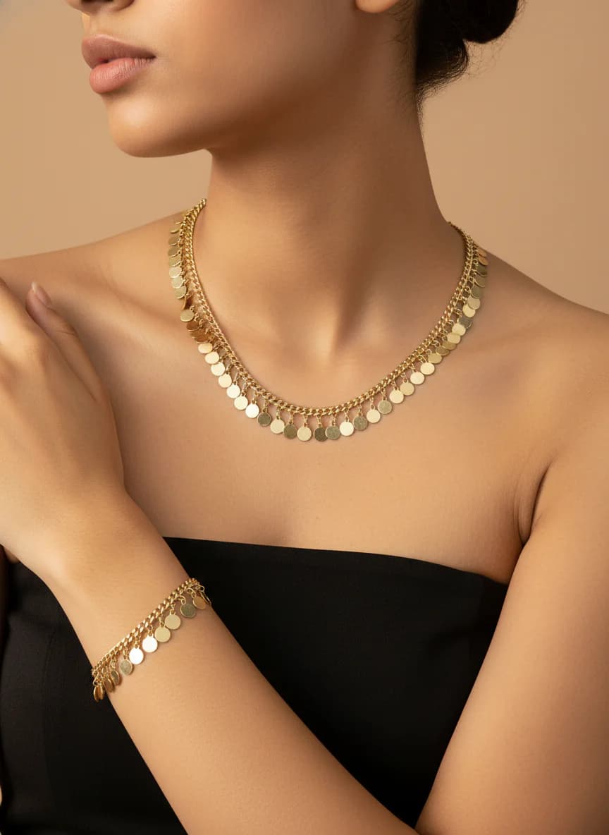 Altın Renk Pul Detaylı Zincir Kolye Bileklik Seti