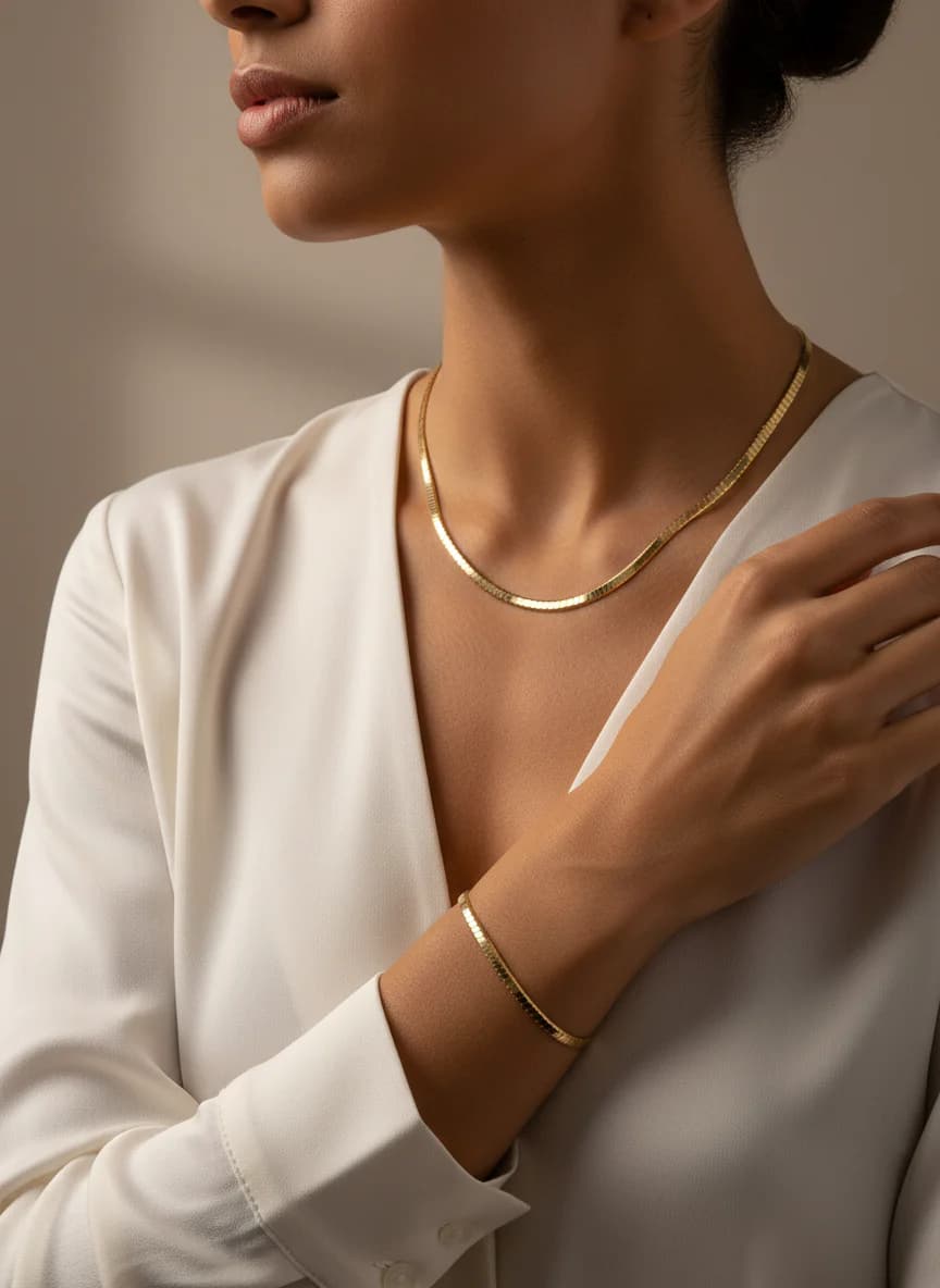 Modern Altın Rengi Balıksırtı Kolye Bileklik Seti