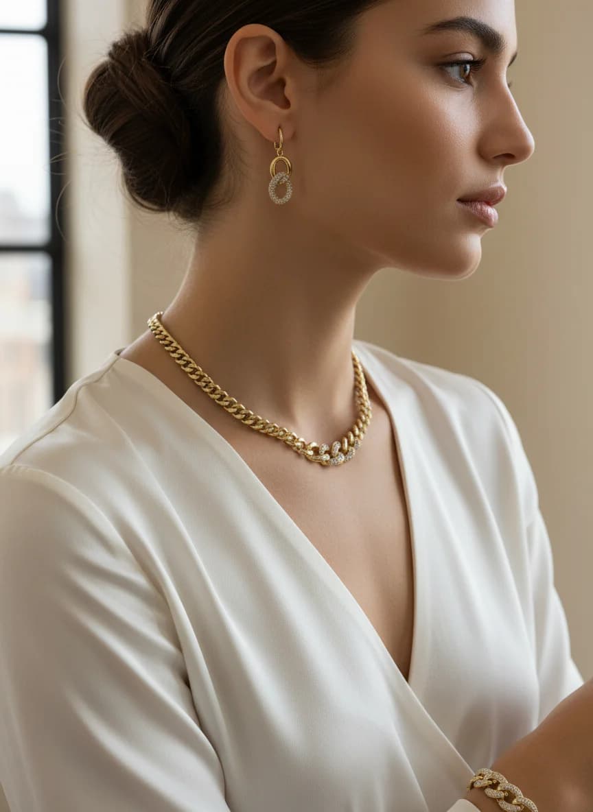 Lüks Altın Kaplama Zirkon Taşlı Küba Zincir Takı Seti