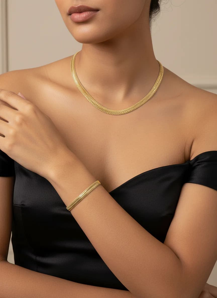 Altın Renk Hasır Örgü Kolye ve Bileklik Seti