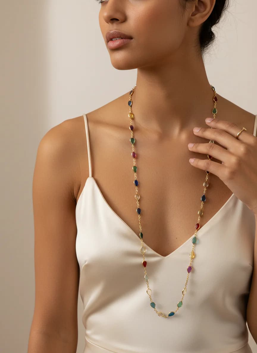 Renkli taşlı uzun kolye. 90 cm