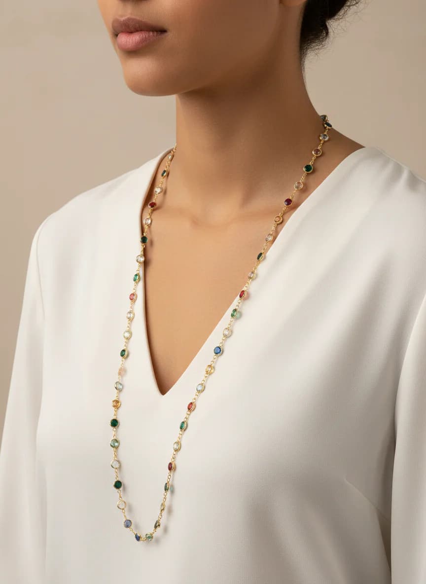 Renkli taşlı uzun altın rengi kolye. 90 cm