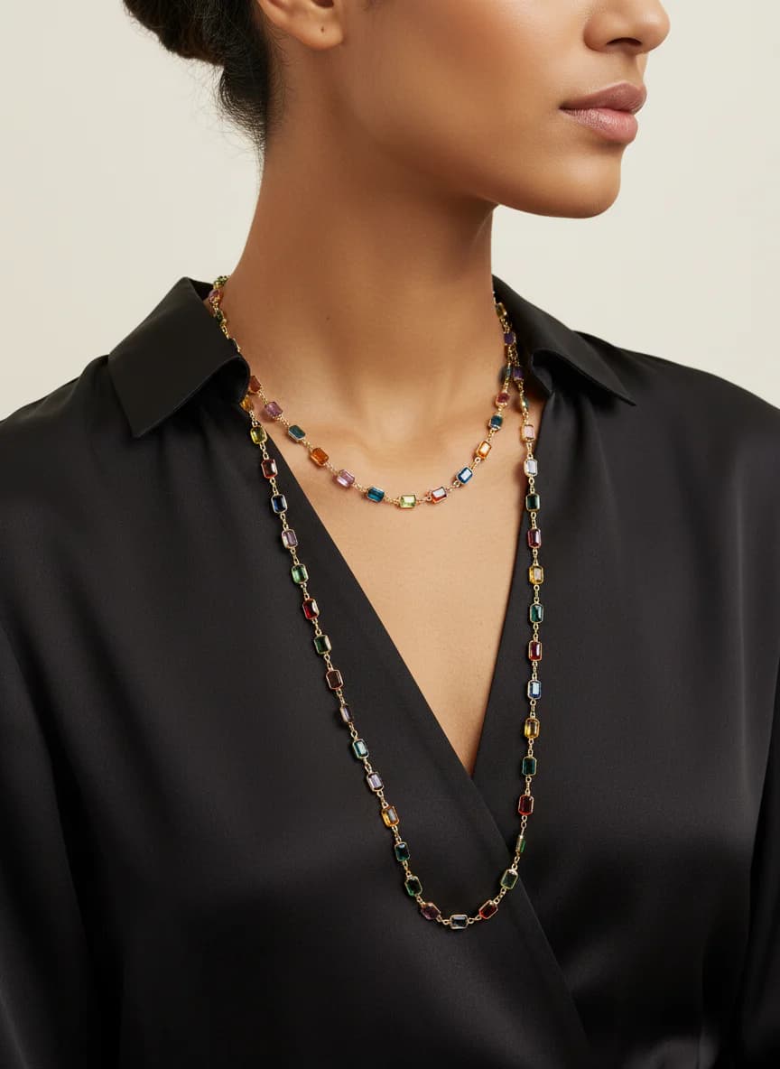 Renkli Dikdörtgen Taşlı Altın Rengi Uzun Kolye. 90 cm