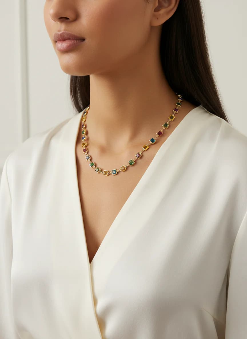 Renkli Doğal Taşlı Kare Kesim Altın Kaplama Uzun Kolye. 90cm