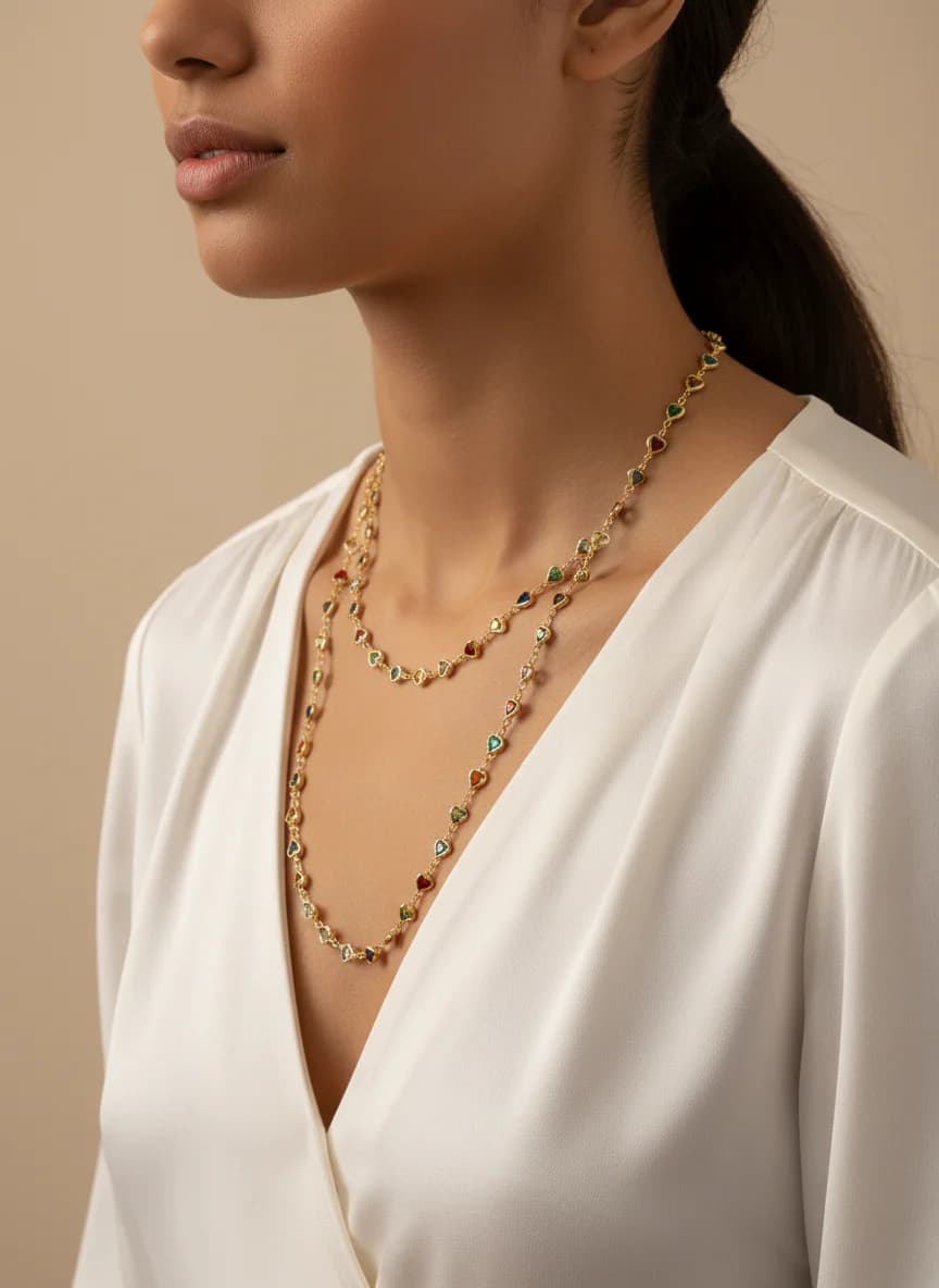 Renkli Kalpli Uzun Altın Rengi Zincir Kolye. 90 cm