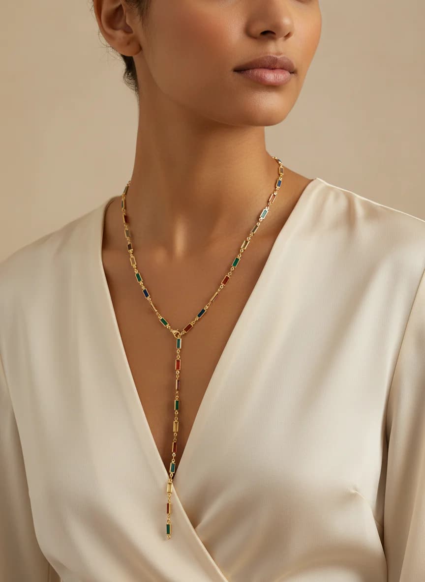 Altın Rengi Renkli Baget Taşlı Şık Y Kolye. 70cm