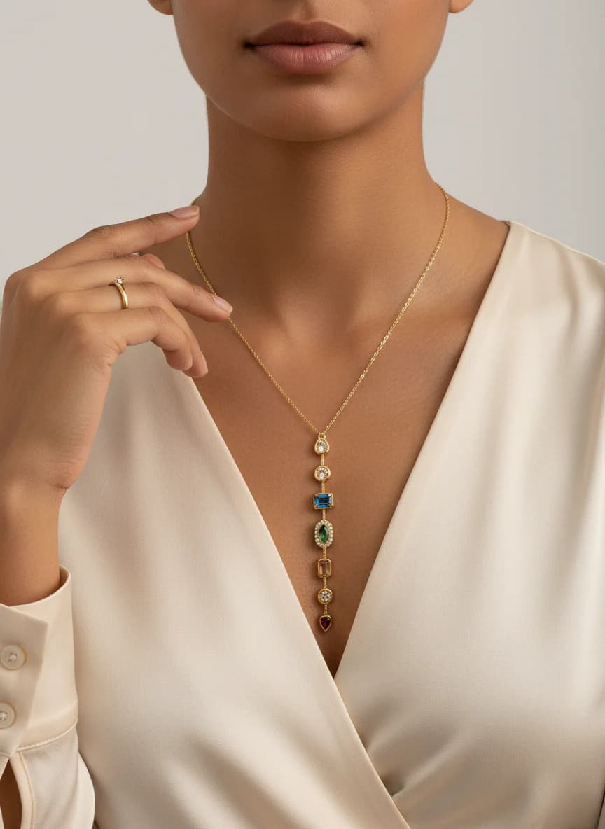 Zarif Renkli Taşlı Altın Tonlu Uzun Kolye