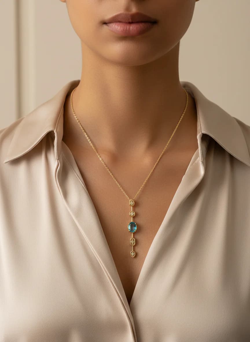 Mavi taşlı gold rengi y kolye. 30 cm