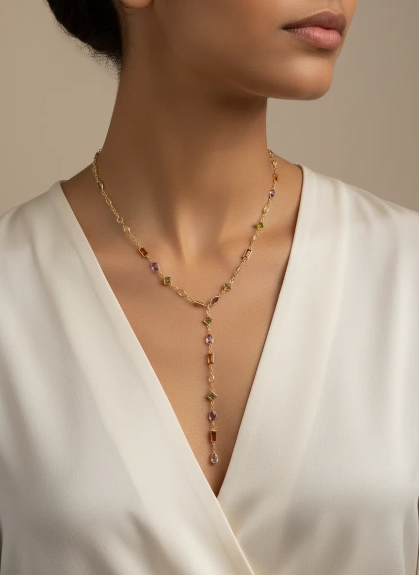 Altın Rengi Renkli Taşlı Zarif Lariat Kolye. 30 cm