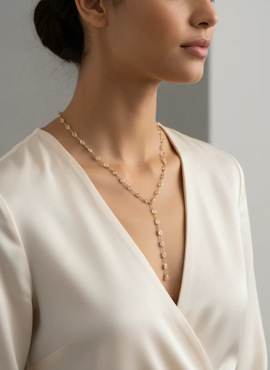 Zarif Altın Renkli Damla Taşlı Lariat Kolye. 30 cm