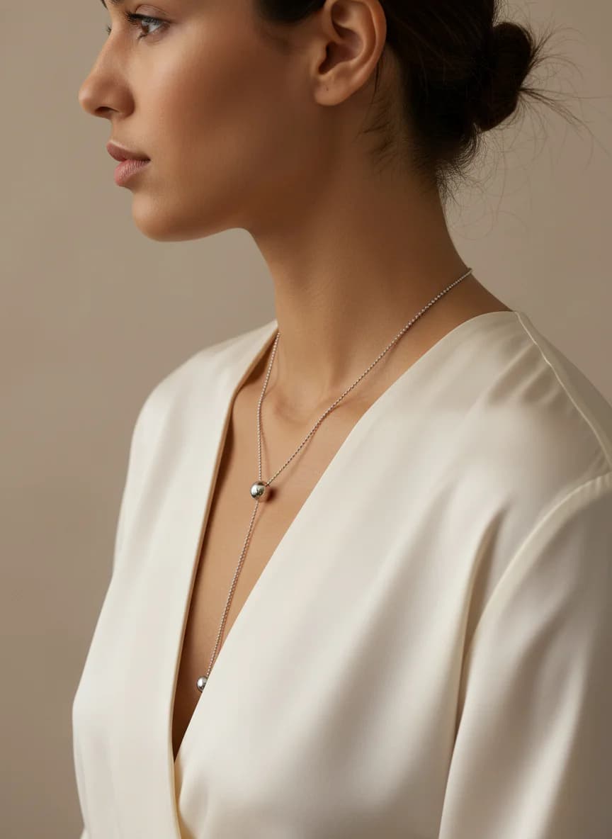 Gümüş Top Detaylı Ayarlanabilir Lariat Kolye