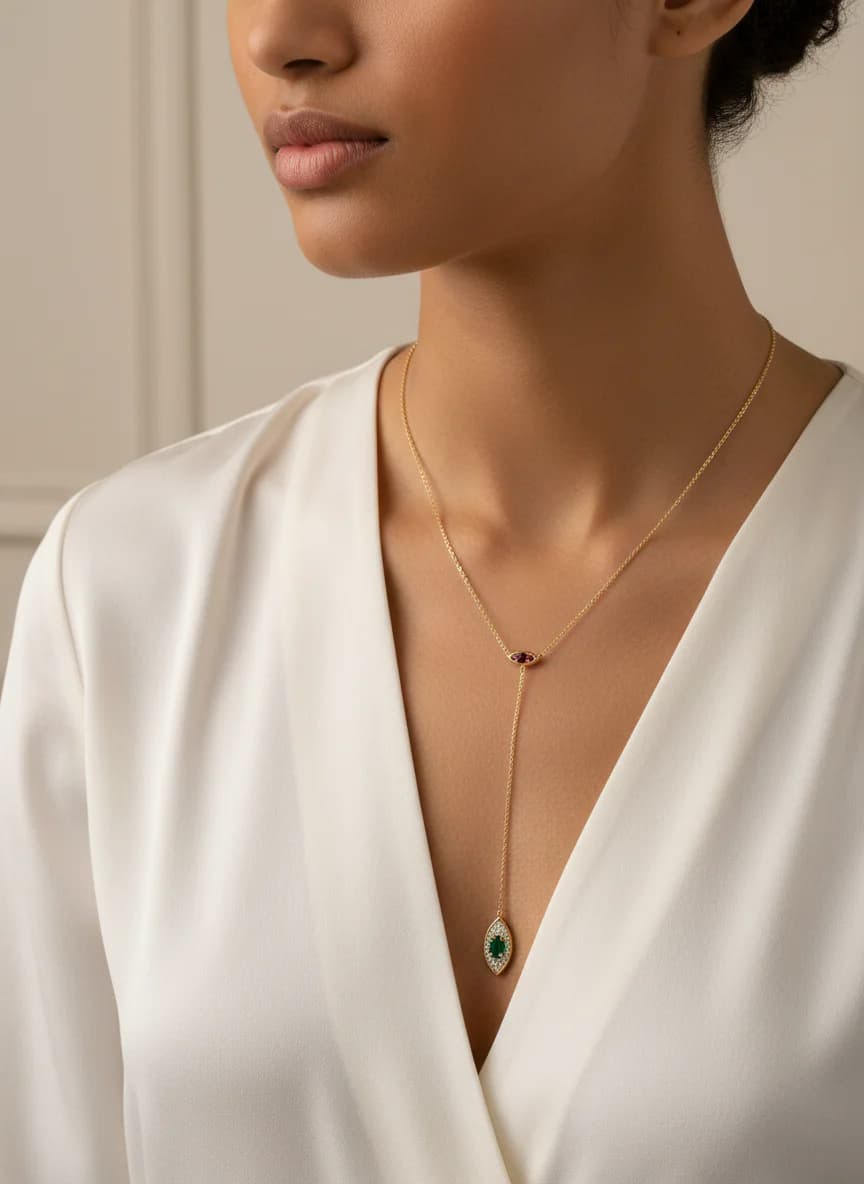 Altın Rengi Lariat Göz Kolye Yakut & Zümrüt Taşlı