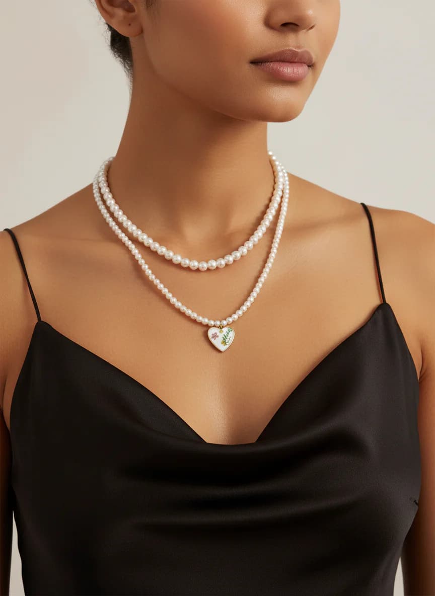 Katmanlı inci kolye kalp uçlu