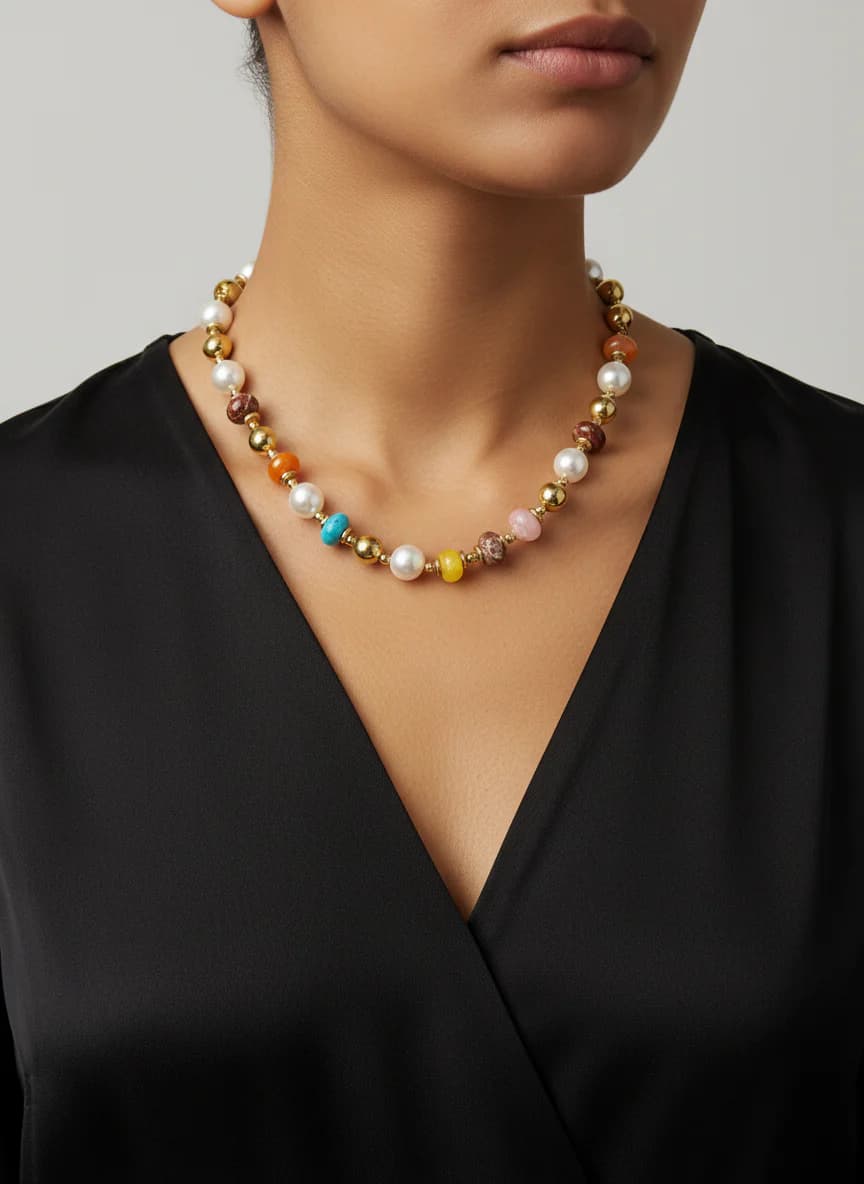 Renkli Taş ve İnci Detaylı Altın Tonu Şık Kadın Kolye