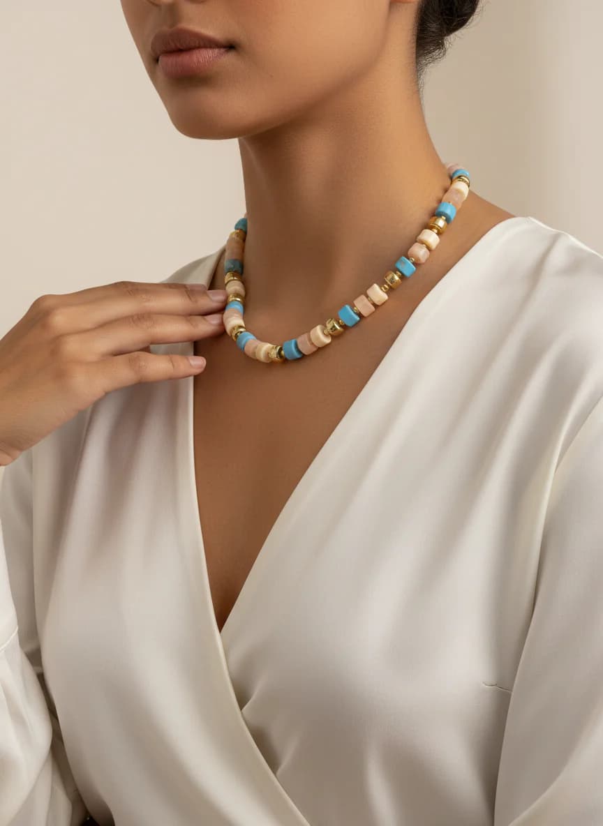 Renkli Boncuklu Altın Detaylı Yazlık Şık Kolye