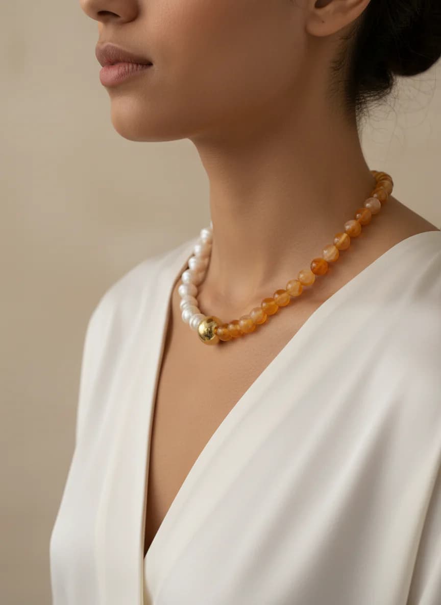 Asimetrik Barok İnci & Carnelian Taşlı Altın Detay Kolye