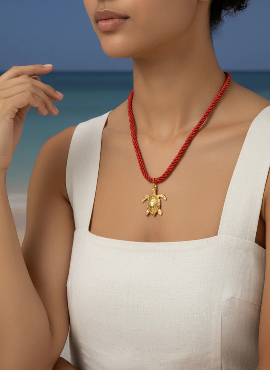 Şans Getiren Altın Kaplumbağa Uçlu Kırmızı İp Kolye