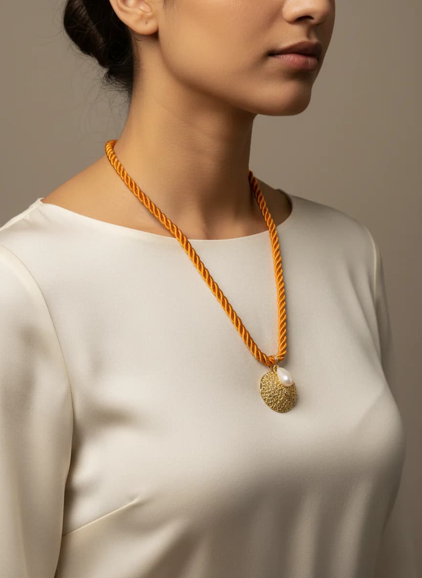 Turuncu Bükümlü Zincir İnci Detaylı Altın Kolye