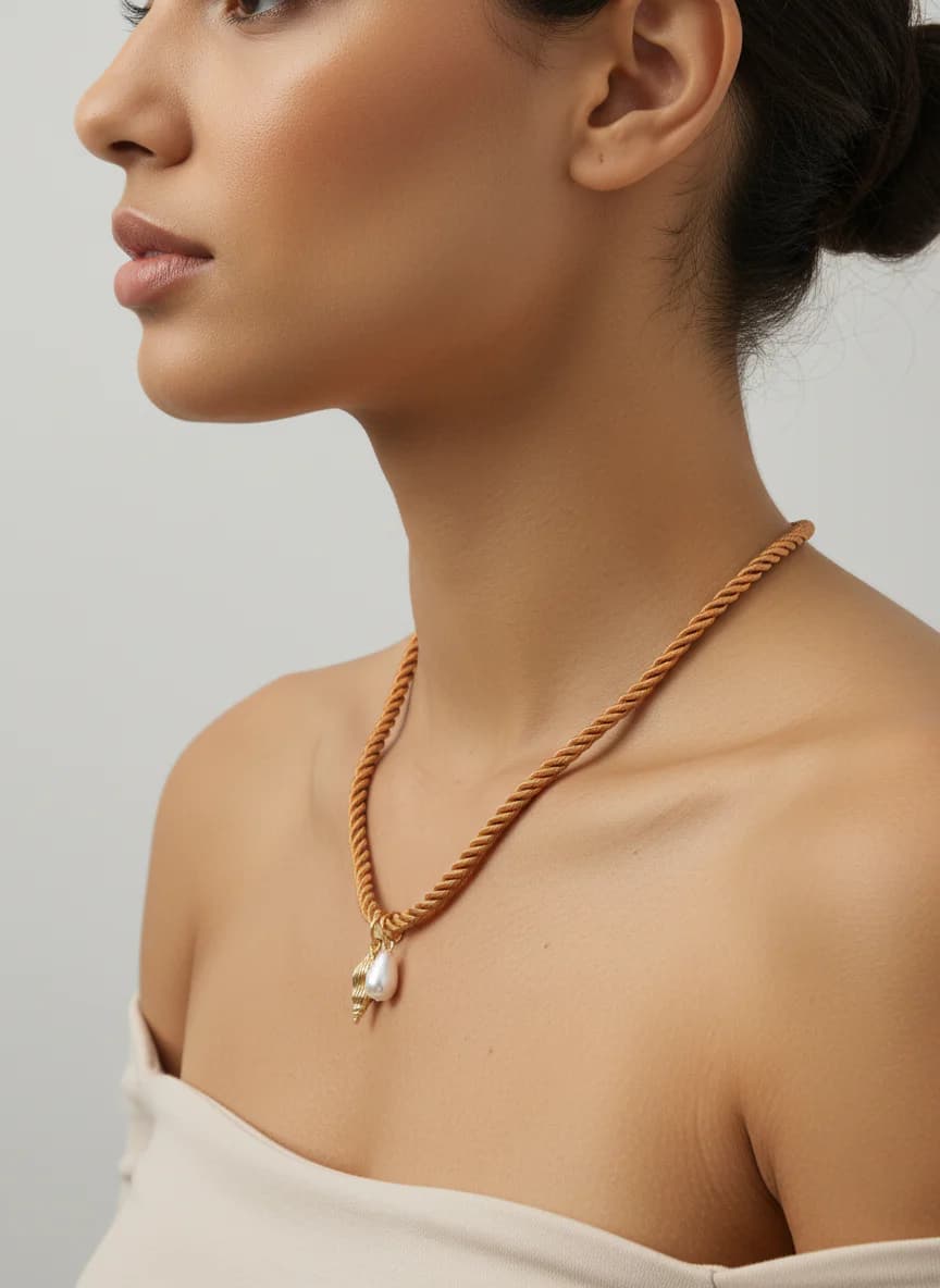 Altın Rengi Halat Kolye İnci ve Deniz Kabuğu Uçlu