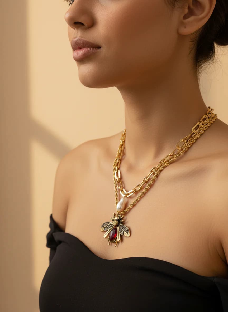 Altın Rengi Arı Figürlü İnci Detaylı Katmanlı Kolye