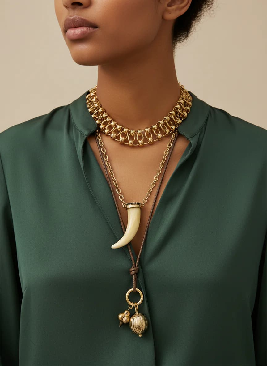 Katmanlı Bohem Gold Renk Boynuz Kolye Seti