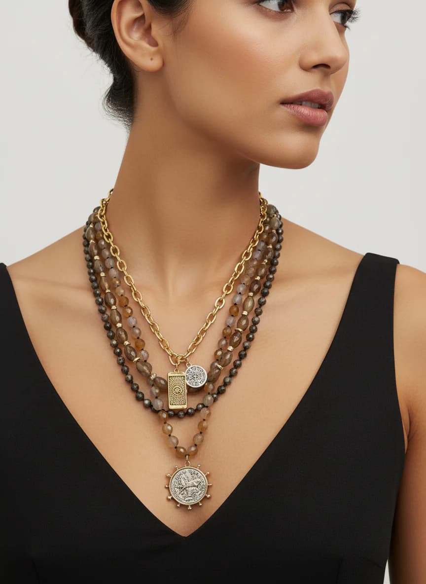 Katmanlı Doğal Taş Zincir Kolye Tarot ve At Figürlü