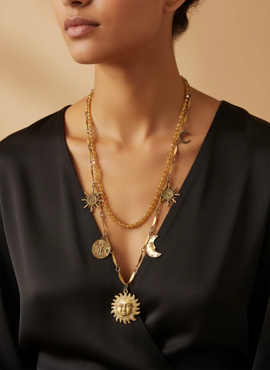 Bohem Vintage Altın Tonlu Güneş Ay Temalı Uzun Çoklu Kolye