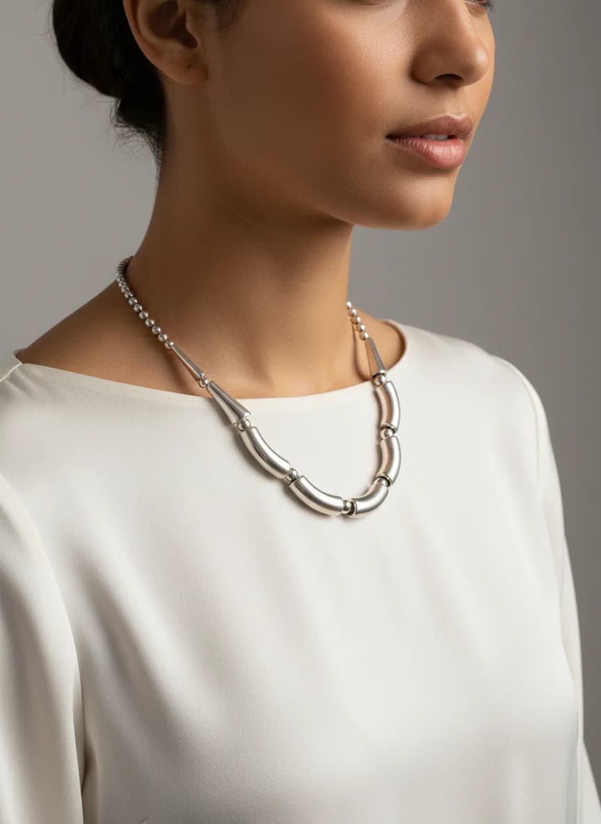 Modern Gümüş Tonlu Tasarım Kolye Kadın Şık Aksesuar