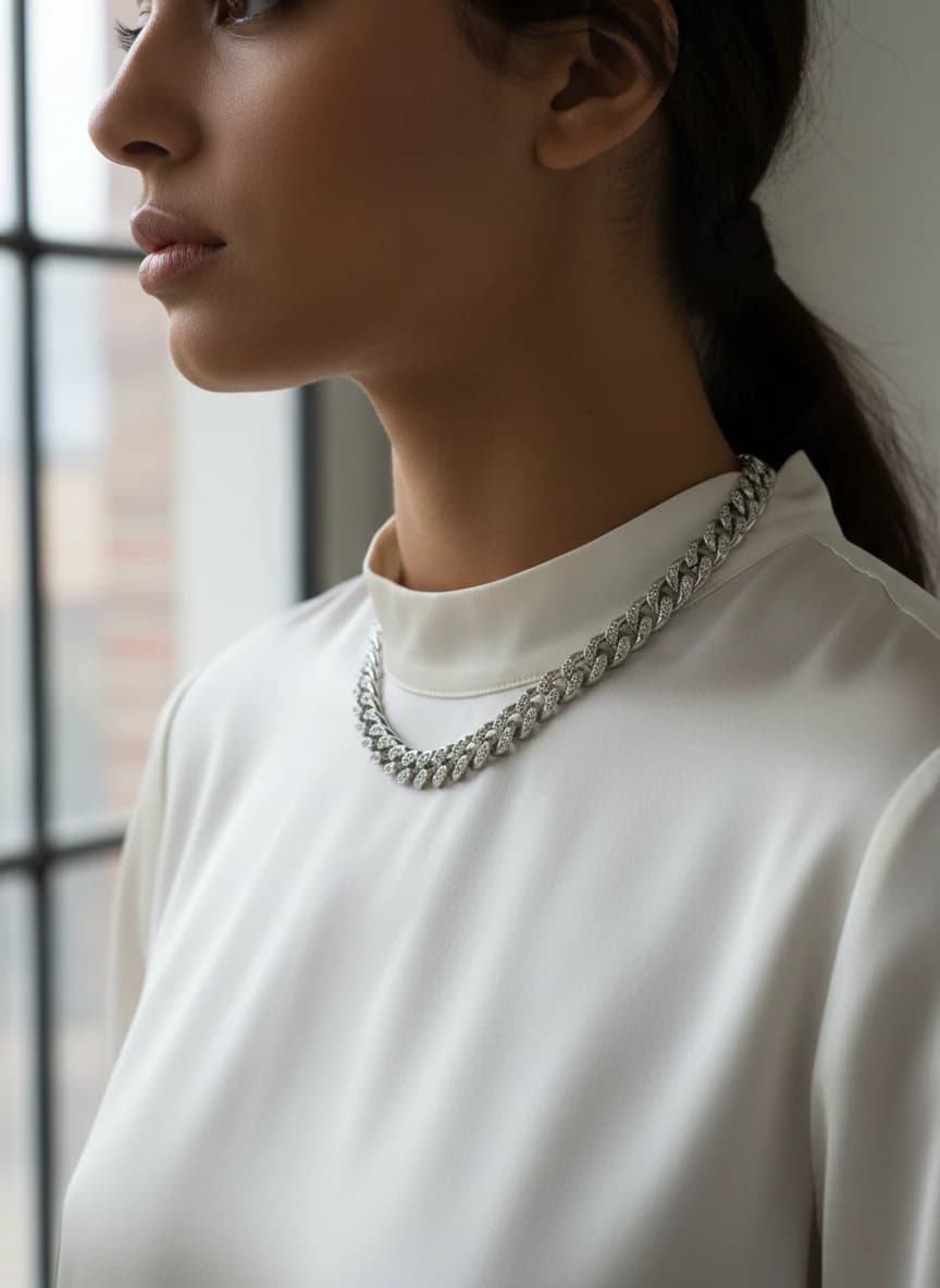 Parlak Taşlı Gümüş Ton Kalın Cuban Zincir Kolye