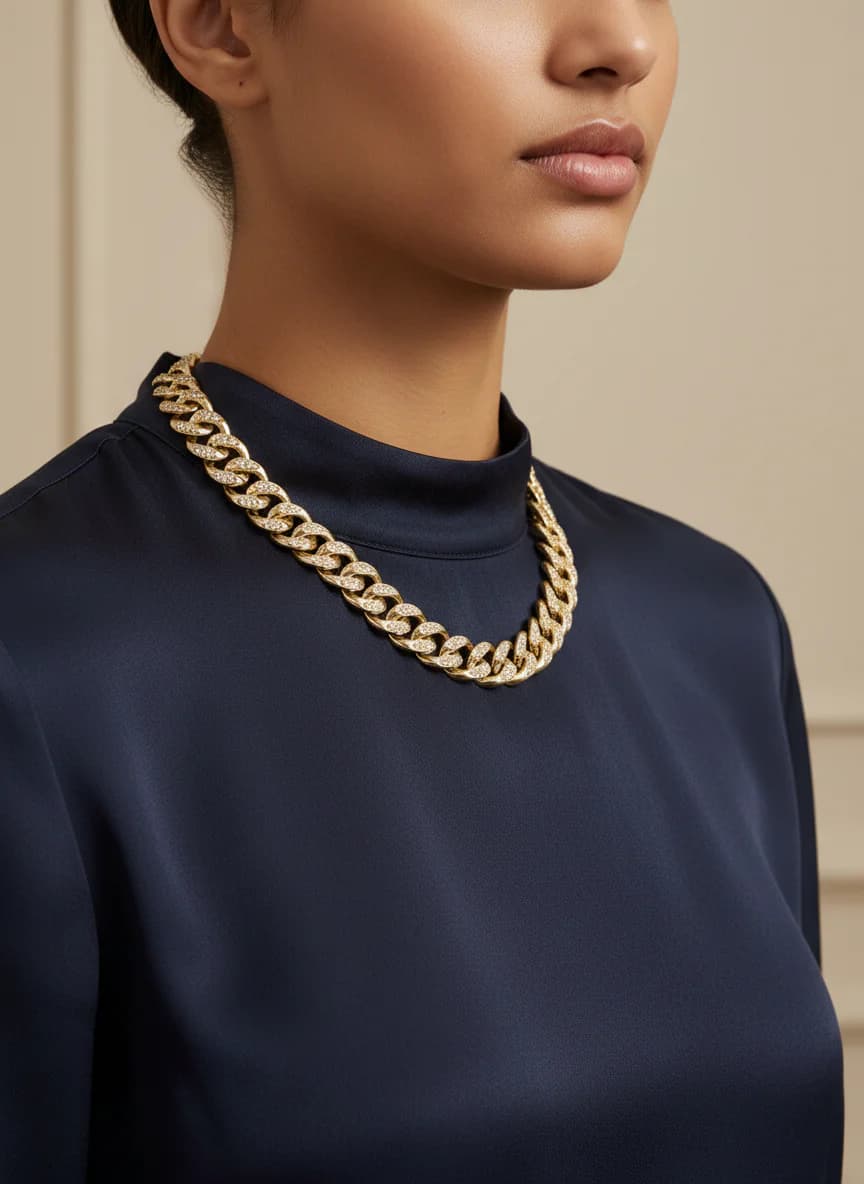 Parlak Taşlı Rose Altın Rengi Kalın Küba Zincir Kolye