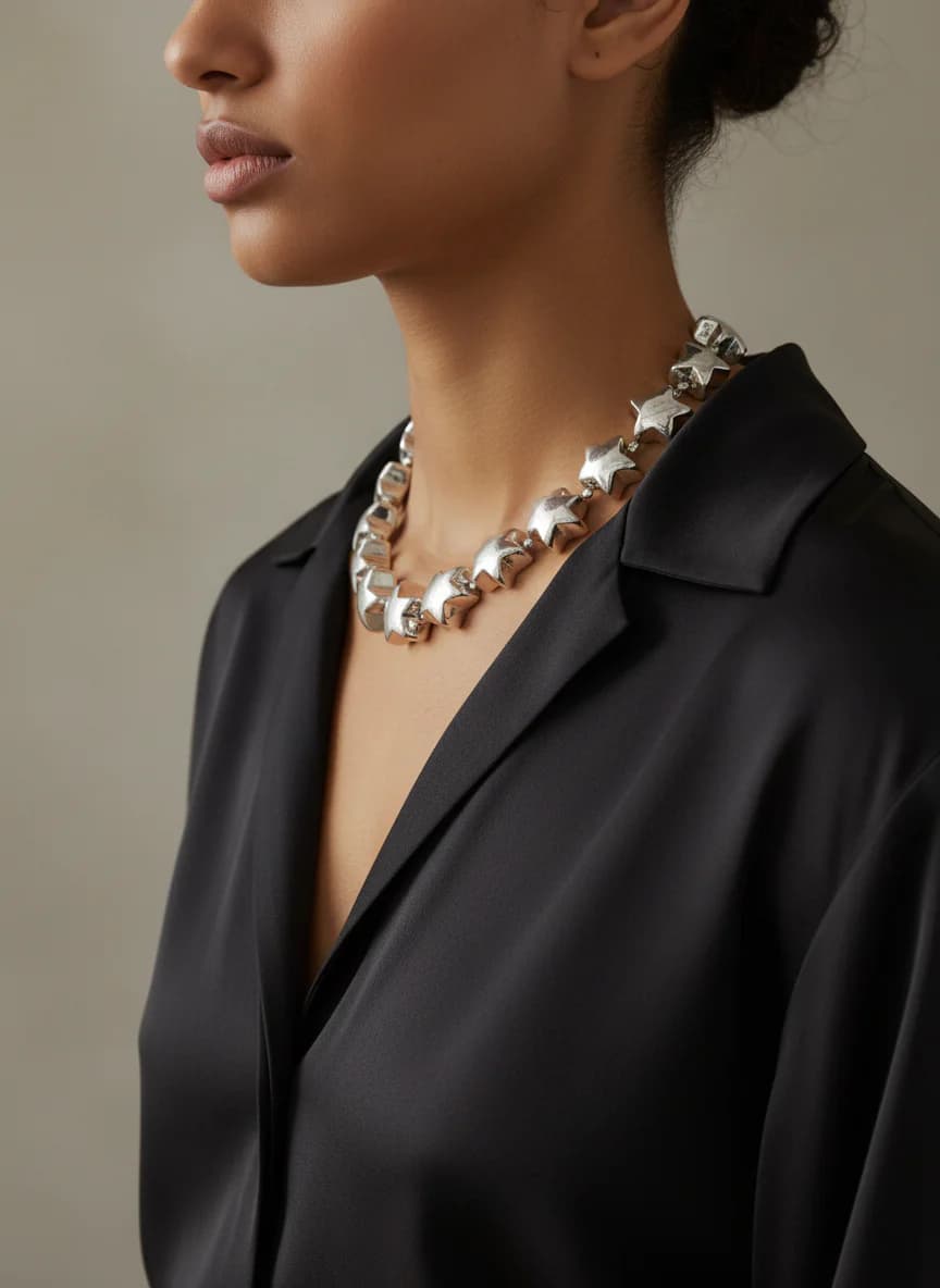 Parlak Gümüş Rengi Yıldız Kolye - Modern Choker