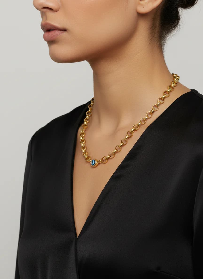 Altın Kaplama Rolo Zincir Mavi Nazar Boncuğu Kolye