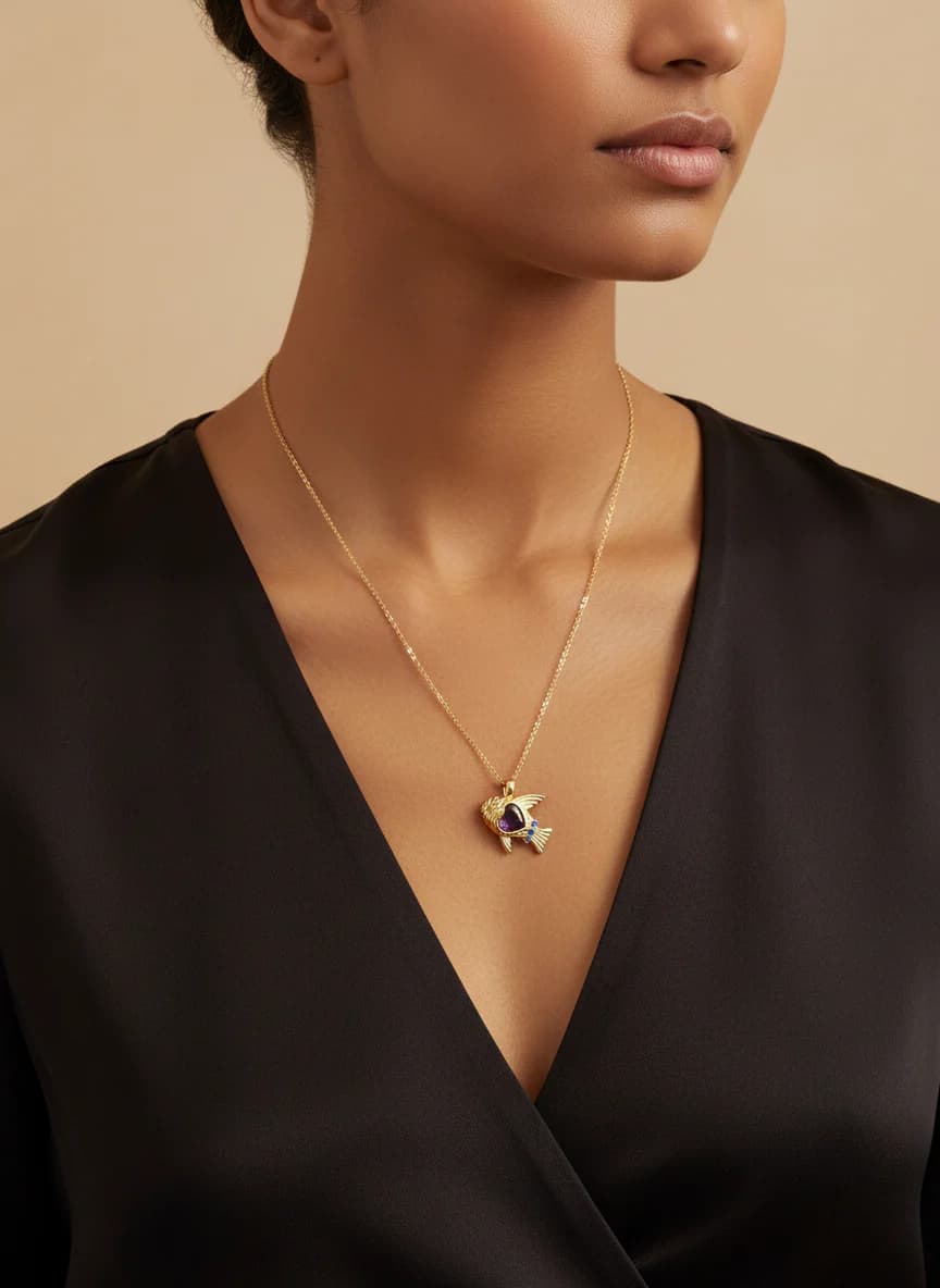 Altın Balık Kolye Mor Kalp ve Mavi Taş Detaylı