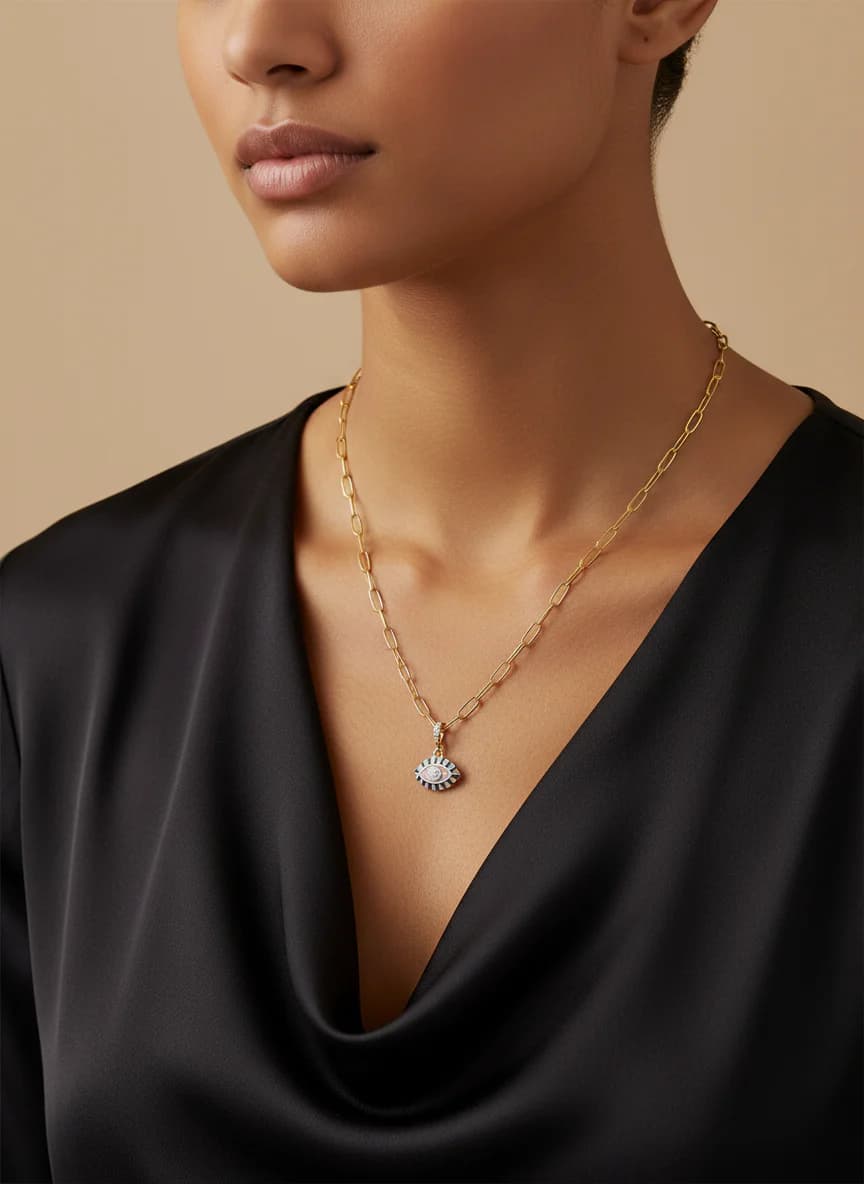 Altın Rengi Paperclip Zincir Mor Nazar Boncuğu Kolye