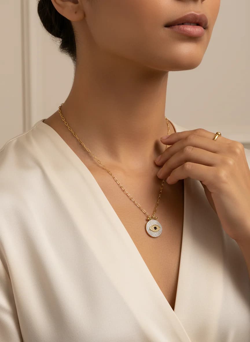 Altın Renk Zirkon Taşlı Nazar Göz Ataç Zincir Kolye