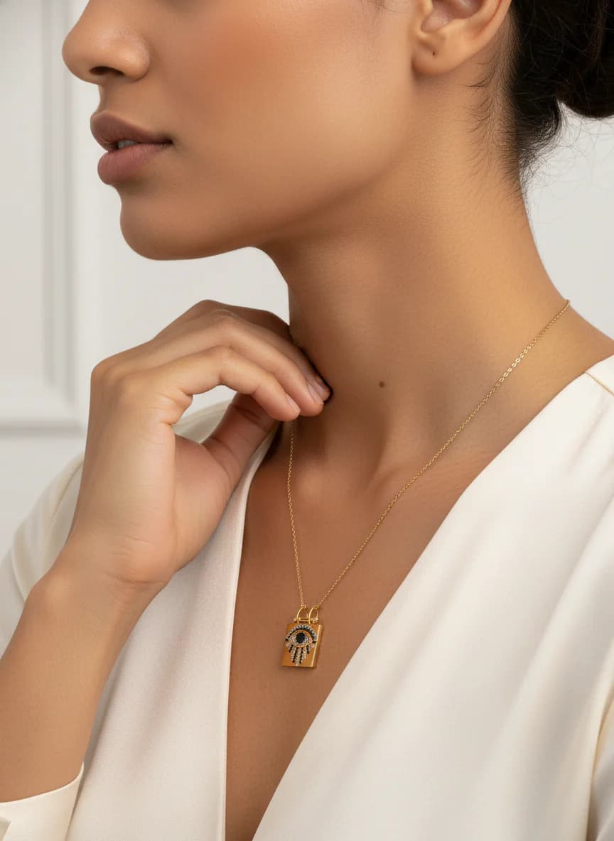 Altın Kaplama Kare Taşlı Göz Kolye - Şık Zincirli