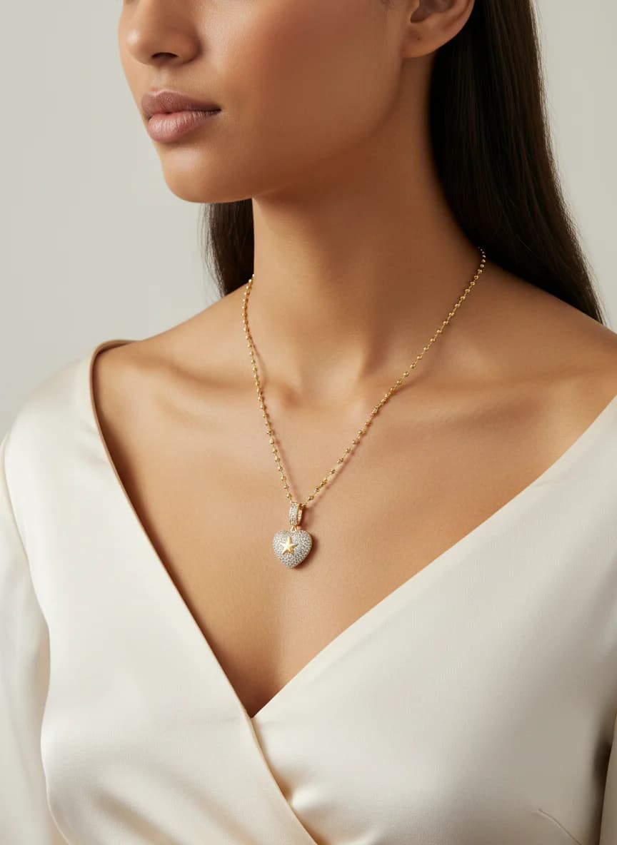 Altın Kaplama Zirkon Kalp Yıldız Kolye Top Zincir