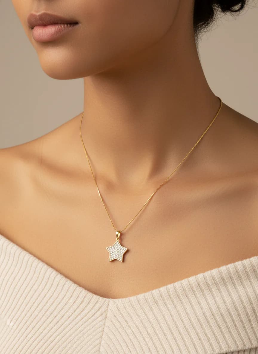Altın Renk Taşlı Yıldız Kolye Zincir Şık Kadın Takı