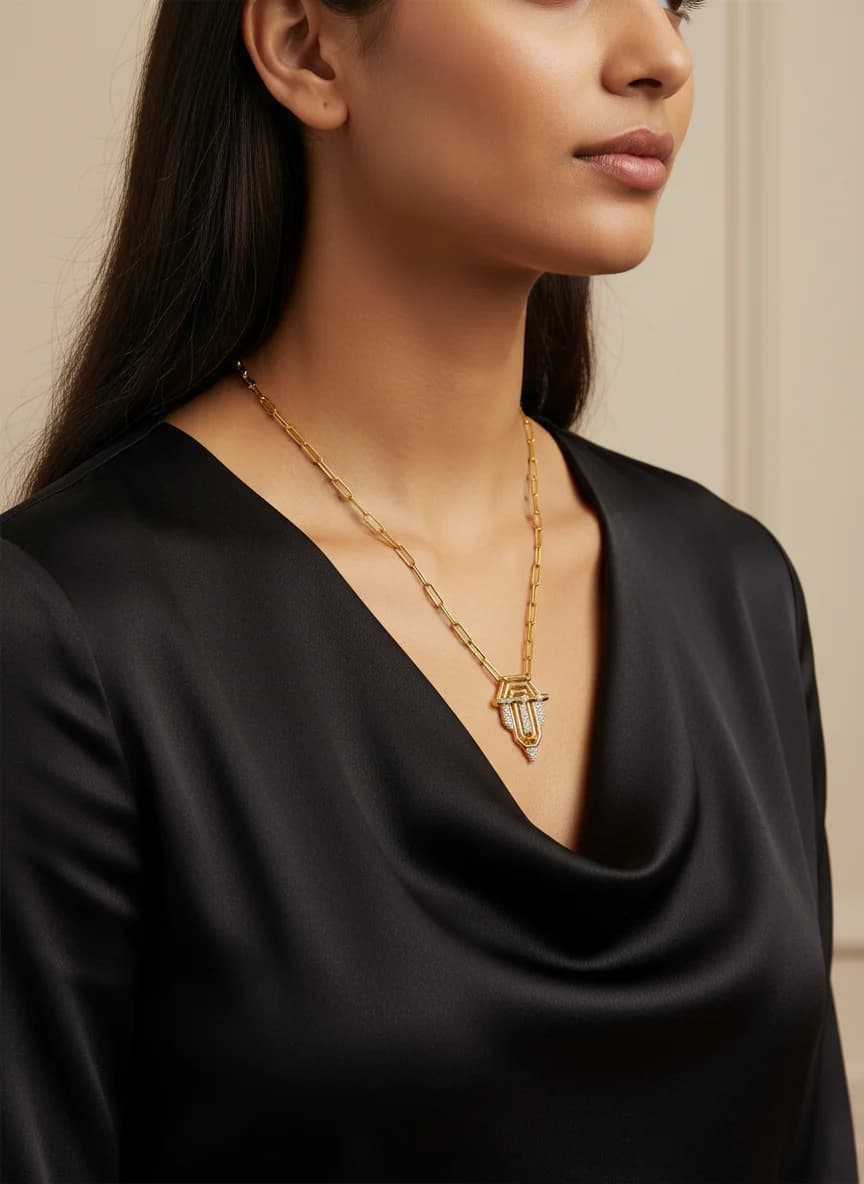 Altın Rengi Art Deco Geometrik Taşlı Uzun Zincir Kolye