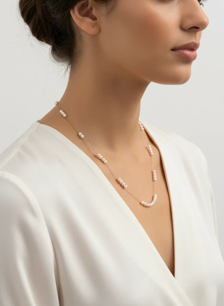 Zarif İnci Detaylı Altın Rengi Uzun Zincir Kolye