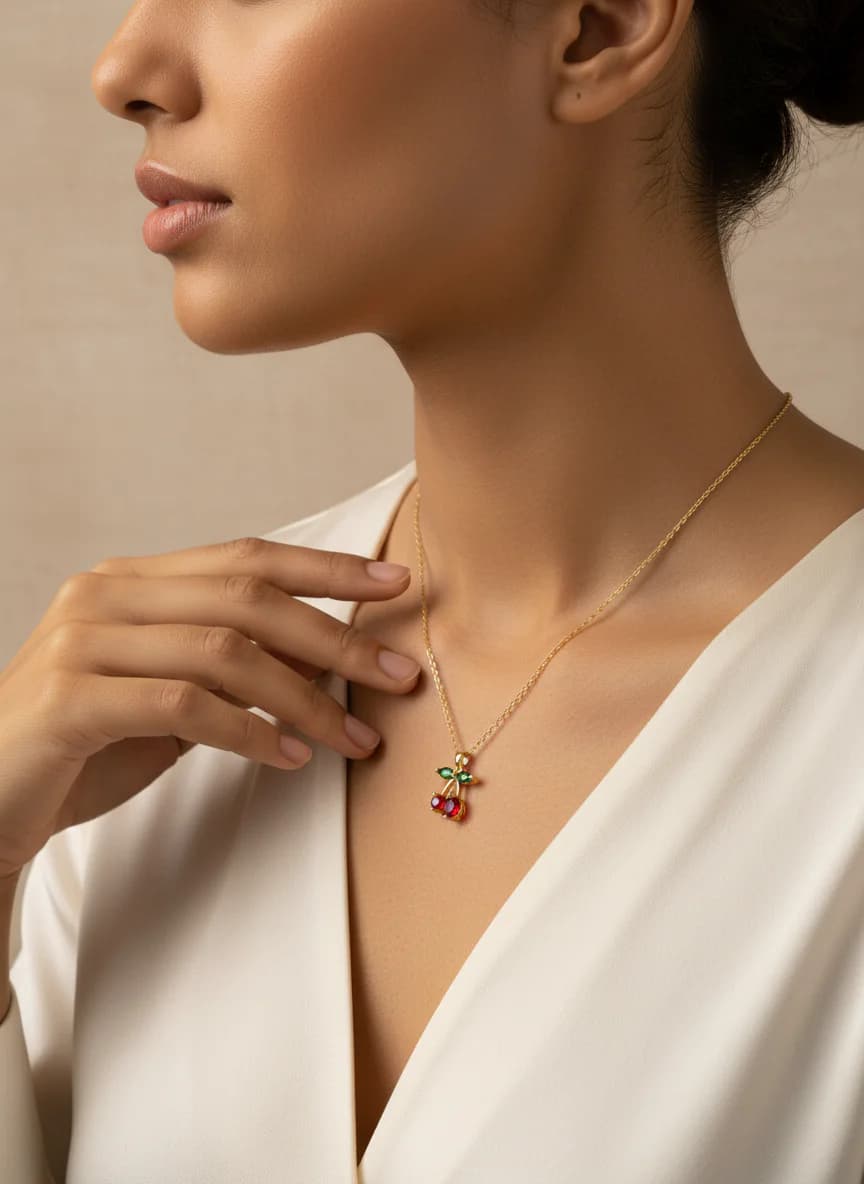 Altın Rengi Kiraz Figürlü Taşlı Kolye - Kadın Takı