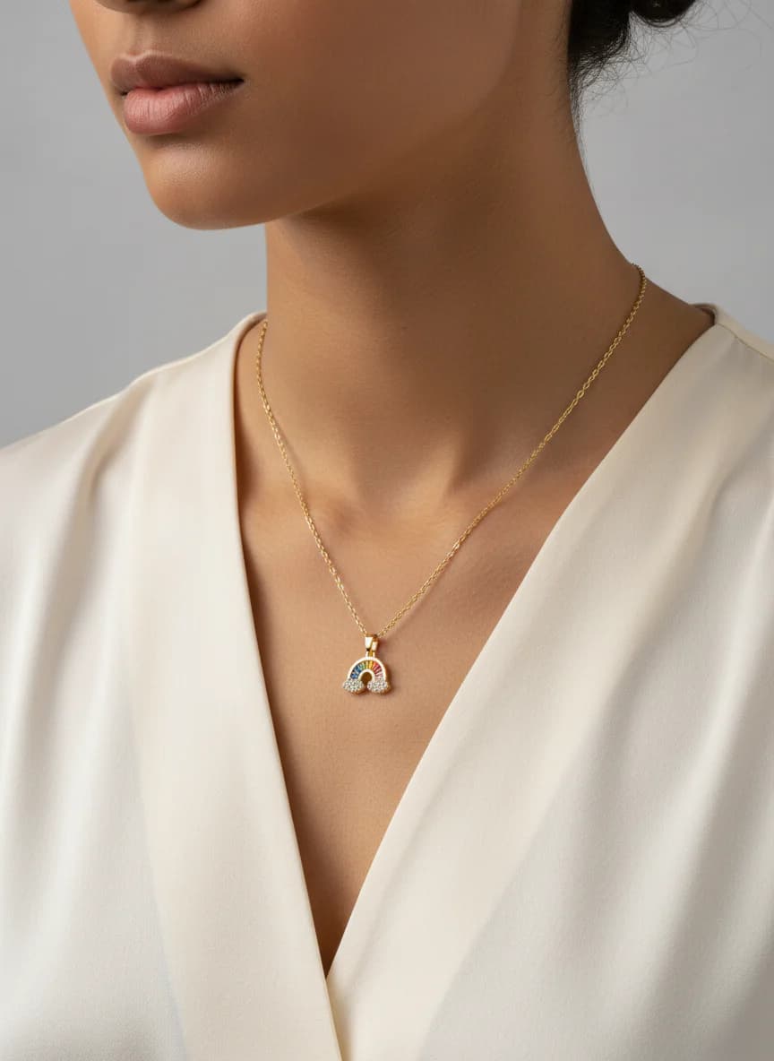 Renkli Gökkuşağı Altın Kaplama Zirkon Taşlı Kolye