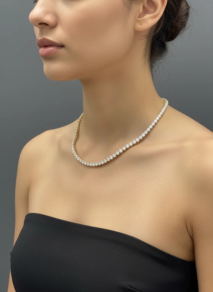 Altın Rengi Parlak Taşlı Tennis Choker Kolye