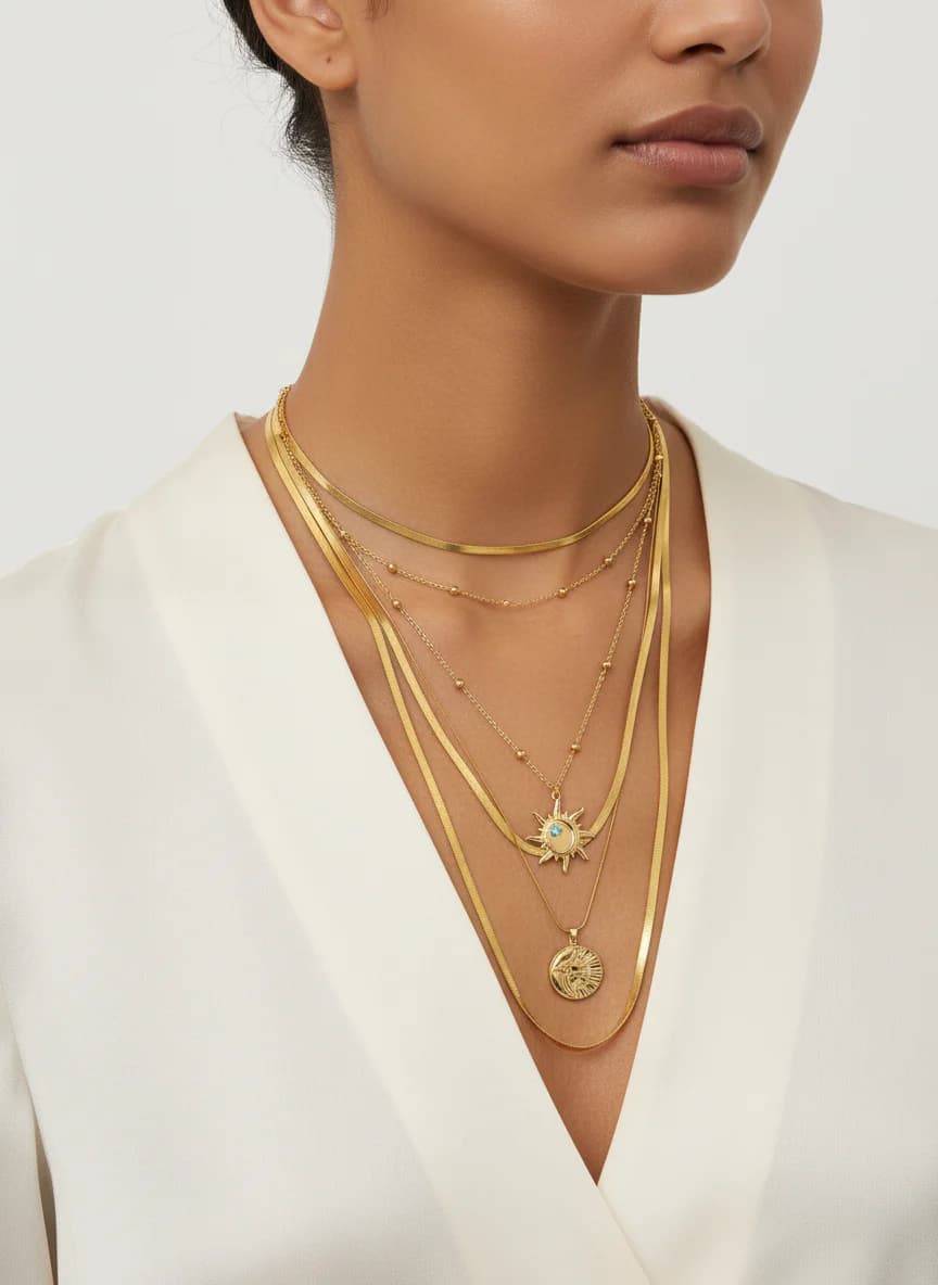 Altın Renk Katmanlı Kolye Seti - Güneş & Ay Tasarımlı