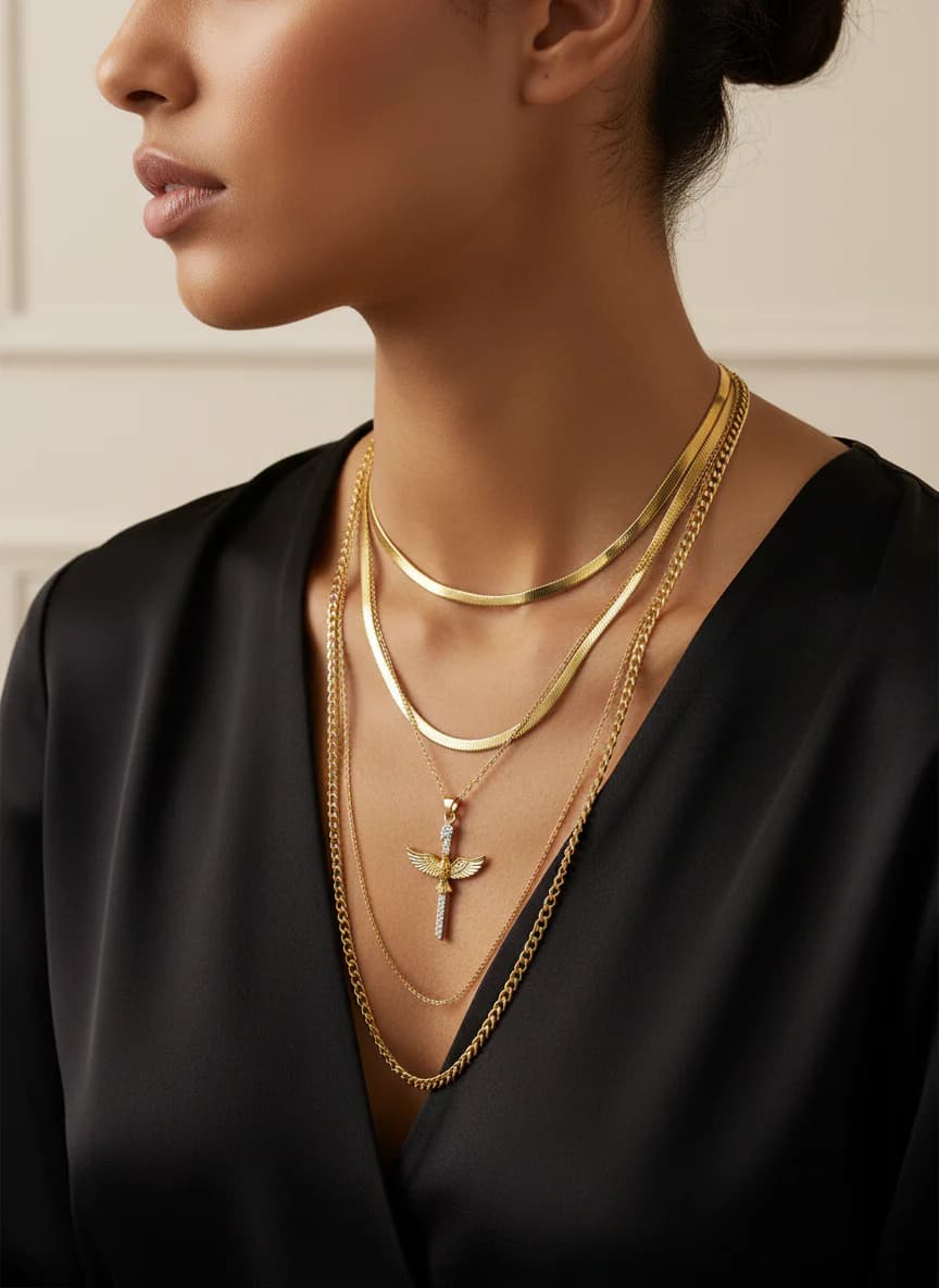 Altın Rengi Katmanlı Haç ve Şahin Kolye Seti Zincir