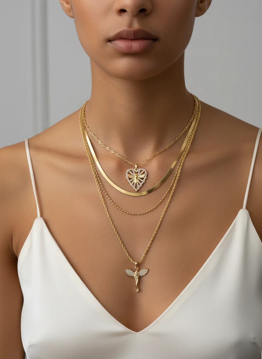 Altın Renk Katmanlı Melek Kalp Güvercin Kolye Seti